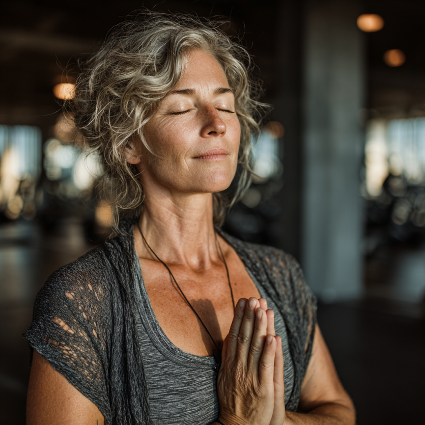 Літня жінка медитує